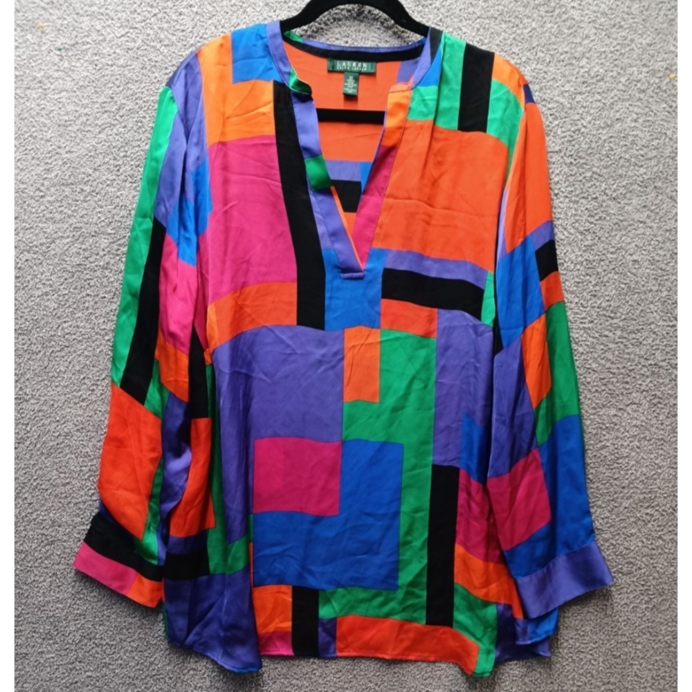 Lauren Ralph Lauren Retro 2X Silk Blouse Women Multicolor‎ Colorblock V-Neck